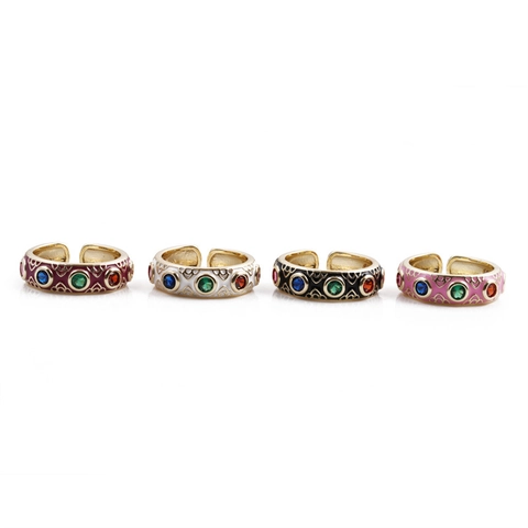 Vintage Böhmischer Verstellbarer Ring Kupfer Vergoldet Emaille Bunter Zirkon Eingelegt Geometrischer Modeschmuck