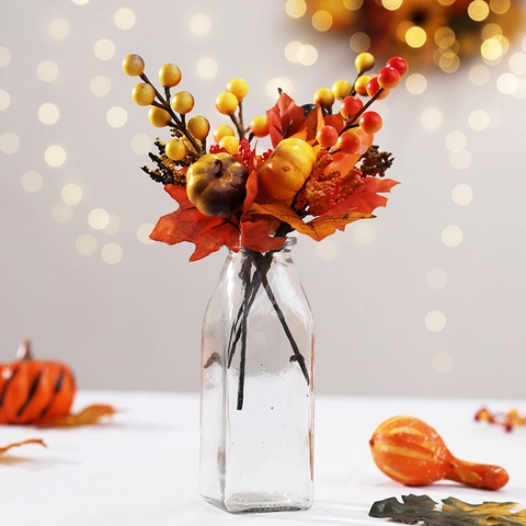 Artificial Pumpkin Berries Stem With Maple Leaves Foam Plastic Festive Halloween Party Home Table Decoration Autumn Harvest