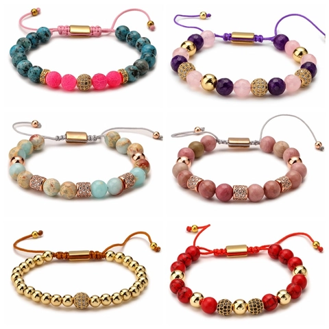 Naturstein Perlenarmband Mit Achat Amethyst Rosenquarz Kupferperlen Und Zirkonia Verstellbares Gewebtes Seil Boho Stil