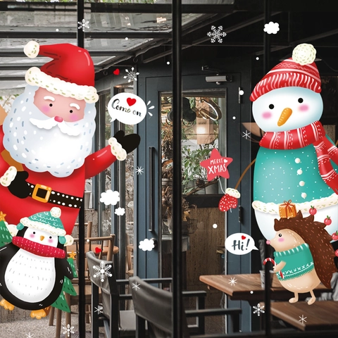 Christmas Window Stickers Santa Claus Snowman Snowflake Static Cling PVC Decals For Glass Door Home Holiday Decor