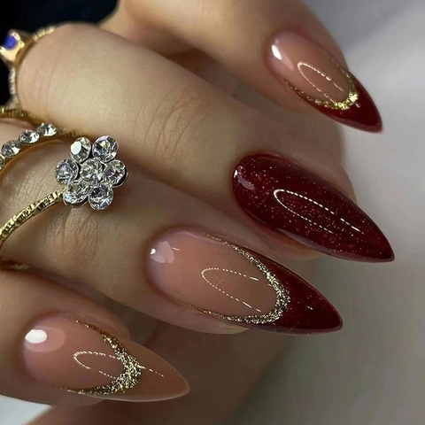 Uñas Postizas A Presión Color Burdeos Rojo Vino Brillo Champaña Estilo Francés Forma Almendra Uñas Artificiales