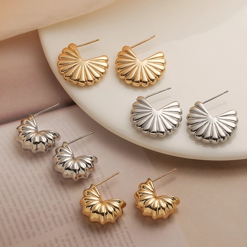 Irregular Geometric Stud Earrings With Copper Earring Post Gold Plated Fan Shell Shaped Retro Fashion Jewelry For Women