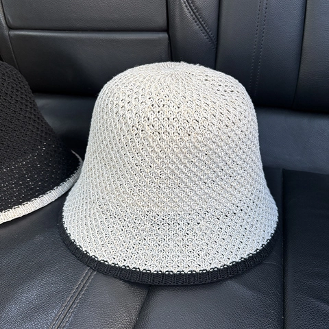 Cappello Bucket Da Donna In Maglia Uncinetto Traforato Misto Cotone Traspirante Pieghevole Bordo A Contrasto Sole Casual