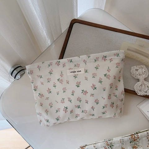 Elegant Floral Cotton Linen Cosmetic Bag And Coin Purse Zipper Portable Storage Pouch Literary Simple Vintage Style For Women