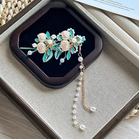 Barrette À Cheveux Tulipe Style Chinois Vintage Avec Longue Gland En Fausse Künstliche Perle Alliage Émail Coiffe Délicate Pour Femmes