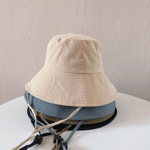 Women Bucket Hat Cotton Polyester Ripple Texture Wide Brim Sun Protection Adjustable Windproof Rope Outdoor Casual