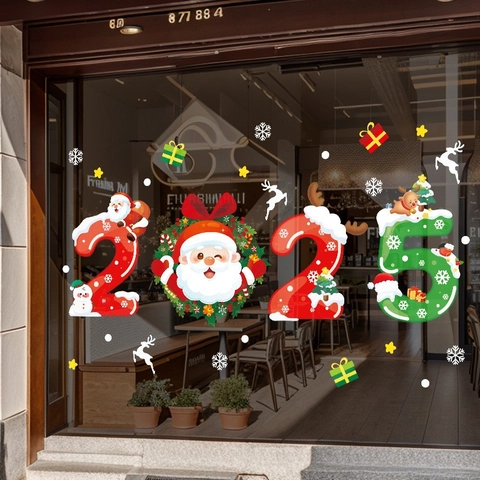 Christmas Window Stickers Static Cling PVC Decals For Glass Door Shop Showcase Decoration Cartoon Santa Claus Snowman Reindeer
