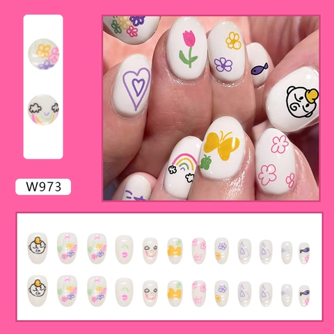 Cute Hand Painted Colorful Flower Press On Nails White Oval Short False Nails Tulip Butterfly Heart For Women