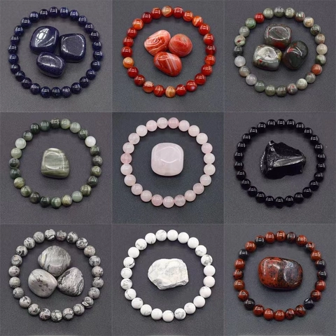 Natural Stone Beaded Bracelet Amethyst Tiger Eye Agate Quartz Round Beads Elastic Handmade Jewelry Healing Reiki Yoga