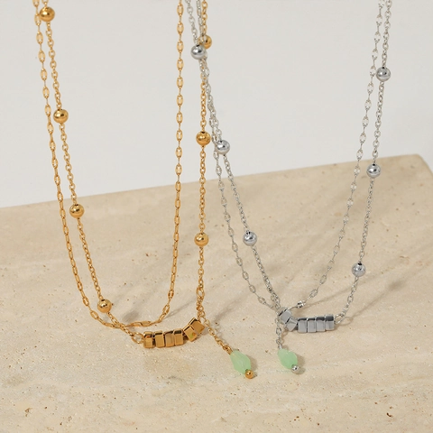 Minimalist Double Layer Stainless Steel Anklet For Women Waterproof Green Stone Bead Geometric Chain Jewelry