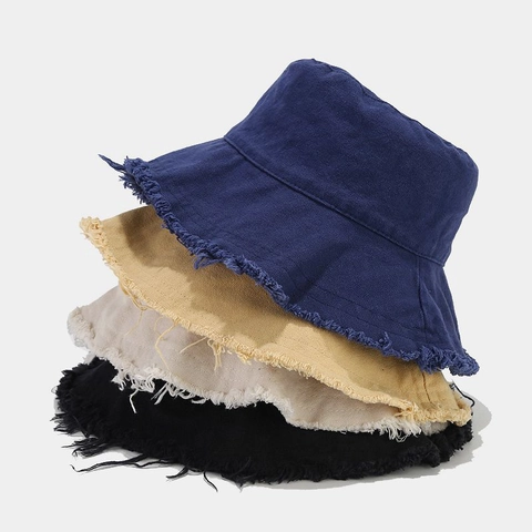 Frayed Edge Bucket Hat Washed Cotton Wide Brim Sun Protection Outdoor Beach Summer Retro Casual Unisex