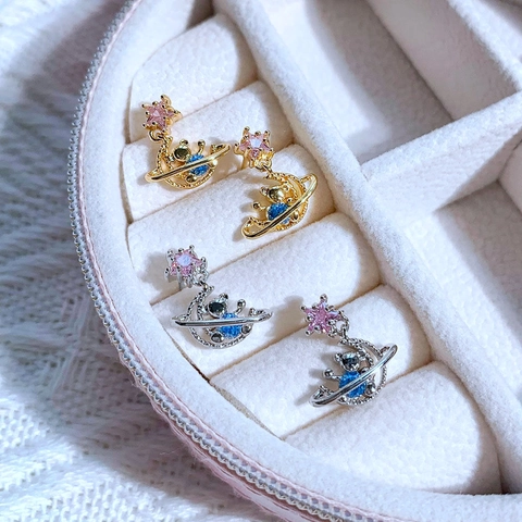 Cute Bear Star Moon Stud Earrings Copper Zircon Gold Plated Korean Fashion Romantic Jewelry For Women