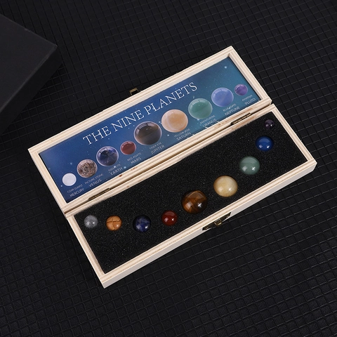 Solar System Nine Planets Desktop Ornament Natural Crystal Gemstone Spheres With Wooden Box Mineral Specimens Decor