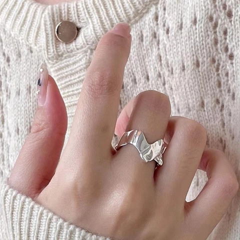 Irregular Wave 925 Sterling Silver Ring Liquid Metal Lava Texture Minimalist Adjustable Open Niche Jewelry For Women