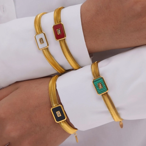 Collar Y Pulsera De Acero Inoxidable Chapado En Oro Colgante Rectangular Geométrico Incrustación De Vidrio Y Concha Joyería Para Mujeres