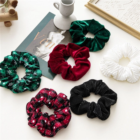 Hair Scrunchies Velvet And Pleated Fabric Plaid Snowflake Pattern Christmas Holiday Vintage Fashion Hair Ties Accessories For Women