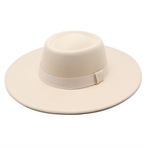 Vintage Flat Top Woolen Felt Boater Hat Wide Brim Solid Color Fedora With Ribbon Band Autumn Winter Warm Headwear