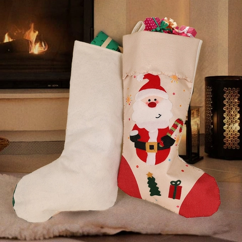 Calze Di Natale Grande Borsa Regalo Tessuto Stile Lino Con Applique Babbo Natale Pupazzo Di Neve Renna Decorazione Camino