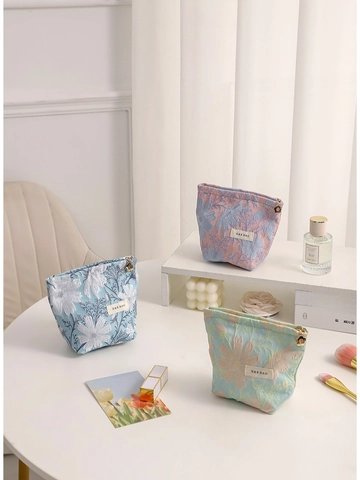 Floral Jacquard Cosmetic Bag Portable Canvas Makeup Pouch Women Daily Zipper Organizer Small Coin Storage Handbag