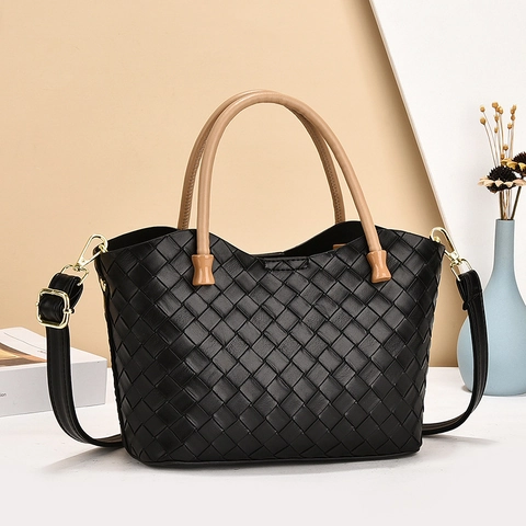 Gewebte PU Leder Handtasche Große Kapazität Eimer Schulter Umhängetasche Mit Tragegriff Retro Modisch Für Damen