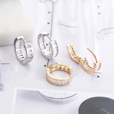 Pendientes de Aro de Cobre Geométricos Con Circonia Baguette Diseño de Corazón Calado Joyería de Moda Para Mujer
