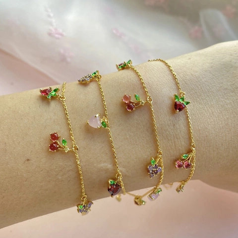 Collar Y Pulsera Con Dijes De Frutas Latón Circonita Fresa Cereza Uva Joyería Dulce Y Fresca Para Mujeres Niñas