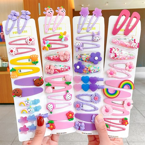 Ensemble De Pinces À Cheveux Enfants Dessin Animé Fleur Animal Arc-En-Ciel Plastique Résine Métal Barrettes Douces Filles