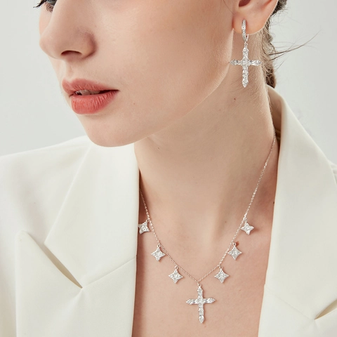 925 Sterlingsilber Kreuz Zirkonia Halskette Und Ohrringe Set Für Damen Mode Stern Anhänger Schmuck Zubehör