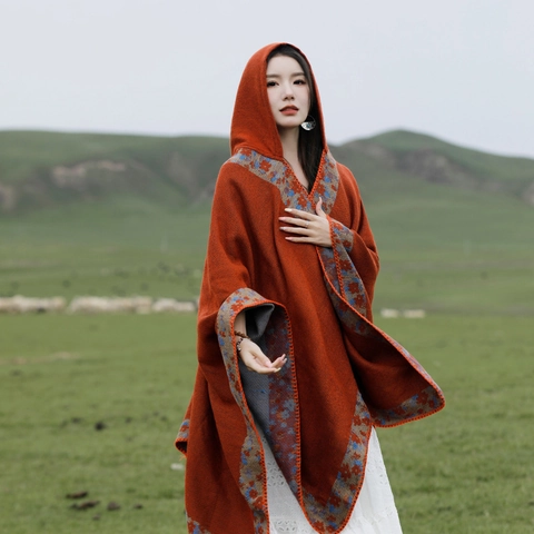 Womens Hooded Poncho Cape Ethnic Bohemian Knitted Shawl Faux Cashmere Warm Winter Travel Wrap Fringe