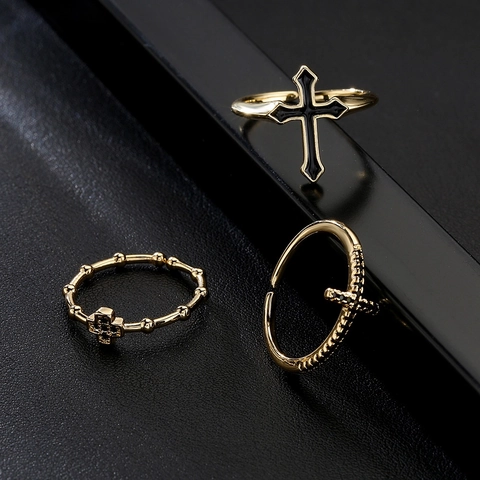 Cross Open Ring Copper 18K Gold Plated Zircon Black Enamel Geometric Vintage Adjustable Trendy Jewelry For Women