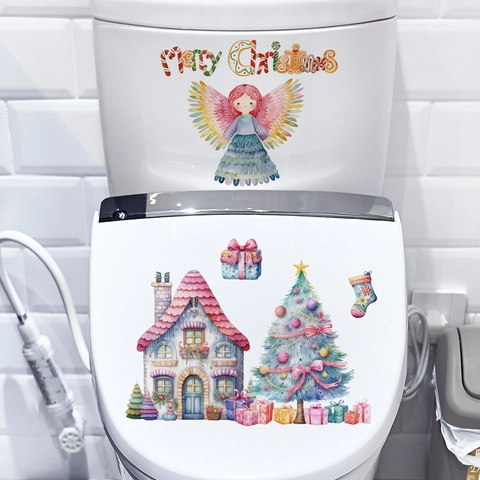 Pegatinas De Pared De Casa De Nieve De Navidad Rosa PVC Acuarela Ángel Árbol Decoración Para Ventana Baño Extraíble Arte