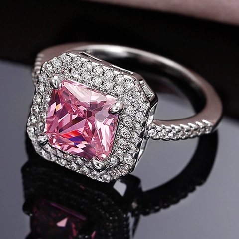 Luxuriöser Ring Mit Rosa Eckigem Zirkonia Doppel-Halo Kupfer Pavé-Band Eleganter Hochzeitsschmuck Für Damen