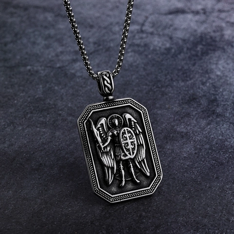 Archangel St Michael Shield Pendant Necklace Stainless Steel Vintage Gothic Religious Jewelry For Men With Box Chain