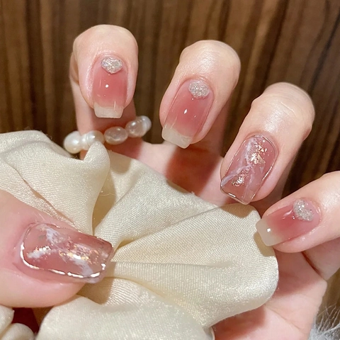 Uñas Postizas De Longitud Media Patrón De Corazón Purpurina Degradado Textura Mármol Resina Desmontable Para Mujeres