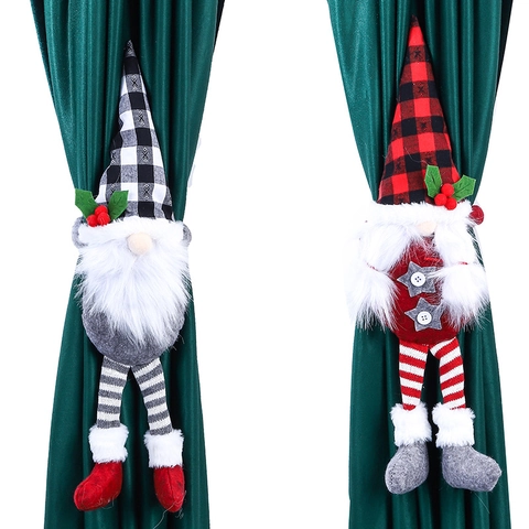 Christmas Gnome Curtain Tiebacks Plush Faceless Doll Buckles Plaid Hat Long Legs Festive Decor Window Accessory