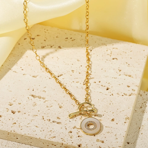 Stainless Steel Necklace 18K Gold Plated OT Toggle Clasp White Enamel Double Circle Pendant Cubic Zirconia Luxury Women
