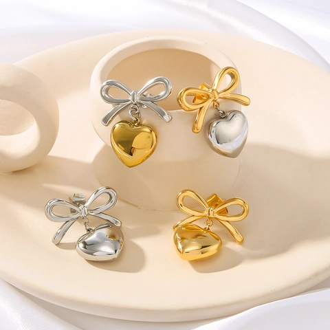 Bow Knot Heart Drop Earrings 18K Gold Plated Stainless Steel Niche INS Style Light Luxury Jewelry For Women