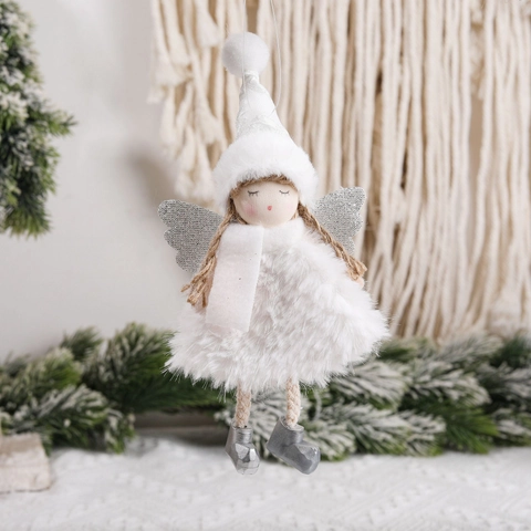 Christmas Angel Ornaments Plush Fabric Fairy Hanging Dolls With Glitter Wings And Knit Hats For Xmas Tree Decoration
