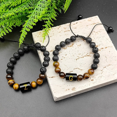 Lava Stein Initial Armband Matte Perlen Gold Buchstabe Verstellbares Geflochtenes Seil Schmuck Unisex