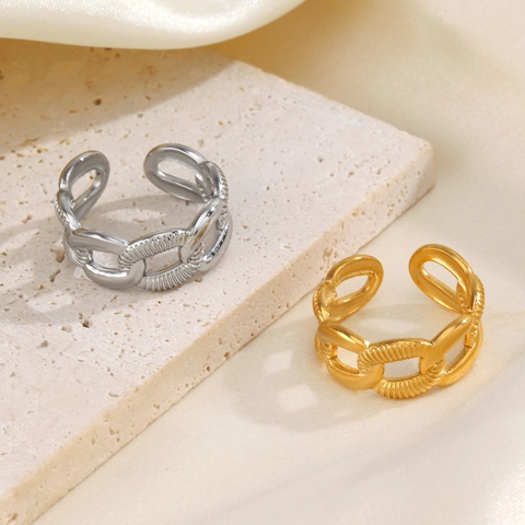 Anillo Eslabones Cadena Acero Inoxidable Chapado Oro 18K Textura Martillada Apertura Ajustable Hip Hop Industrial