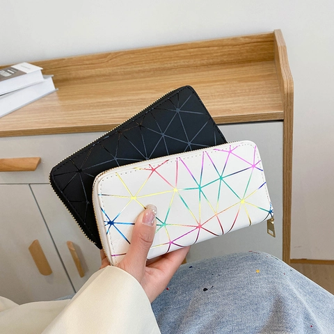Portafoglio Lungo Da Donna Pelle PU Motivo Triangolo Geometrico Linea Laser Arcobaleno Cerniera Pochette Moda