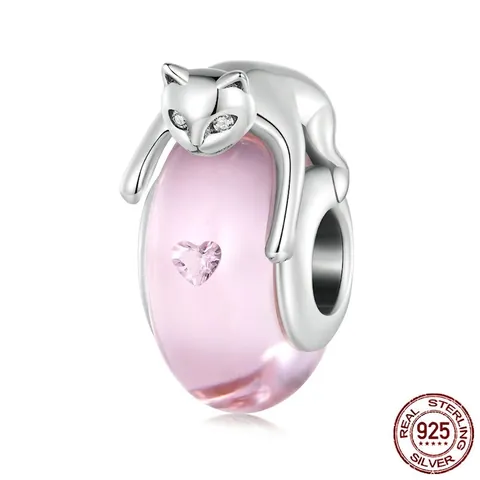 Pink Glass Cat Charm 925 Sterling Silver Heart Bead For Bracelet Making Cute Animal Jewelry Accessory
