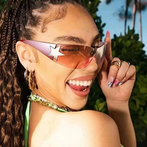 Trendy Retro Rimless Shield Sunglasses One Piece Lens Fashion Eyewear With Metal Star Decor UV Protection