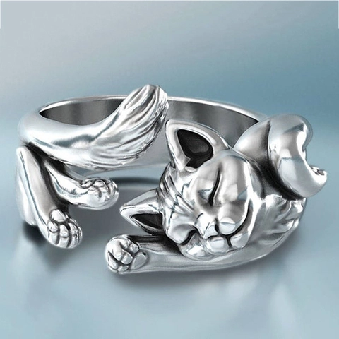 Vintage Alloy Cute Cat Open Adjustable Ring Antique Silver Thai Silver Style Animal Finger Ring Jewelry For Women Men