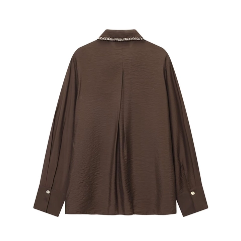 Women Satin Shirt Long Sleeve Coffee Brown Tweed Trim Pocket Blouse Elegant Casual Office Lady Top