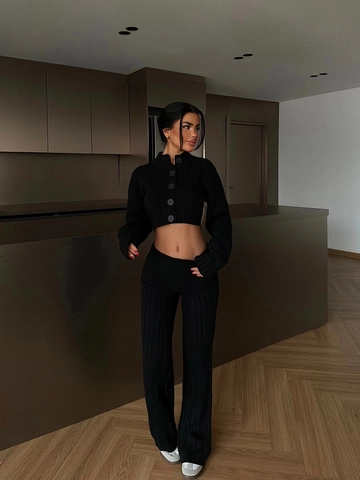 Women Cotton Polyester Knitted Outfits Long Sleeve Crop Cardigan And High Waist Wide Leg Pants Solid Color Slim Casual