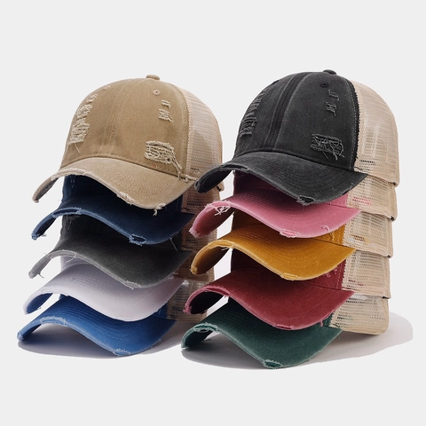 Vintage Distressed Trucker Hat Ripped Cotton Mesh Baseball Cap Breathable Outdoor Streetwear Adjustable For Men Women