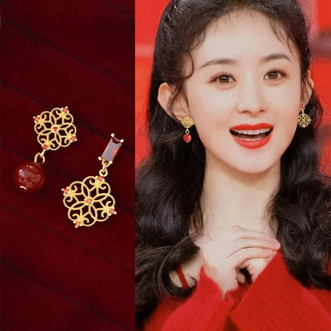 Asymmetrical Flower Drop Earrings With Zircon Hollow Pattern Red Beads Chinese Vintage Style With Silver Earring Post