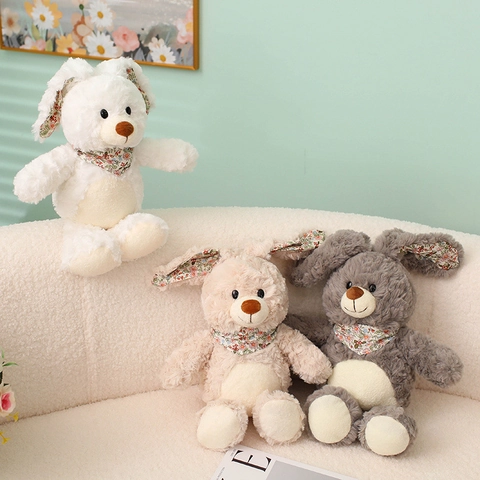 Soft Plush Stuffed Animal Teddy Bear Long Eared Rabbit PP Cotton Toy With Knit Scarf Heart Embroidery For Kids Gift
