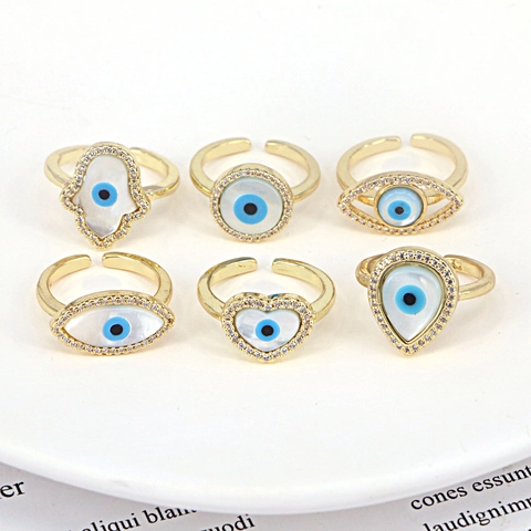 Evil Eye Offener Verstellbarer Ring Gold Vergoldetes Kupfer Zirkon Muschel Hamsa Hand Herz Geometrischer Retro Schmuck